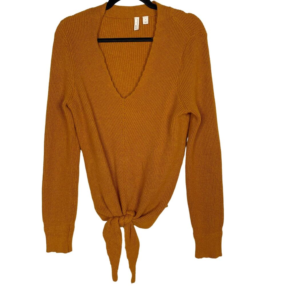Anthropologie Moth Small S Rust Orange Freeport Ribbed Tie Front Sweater VNeck